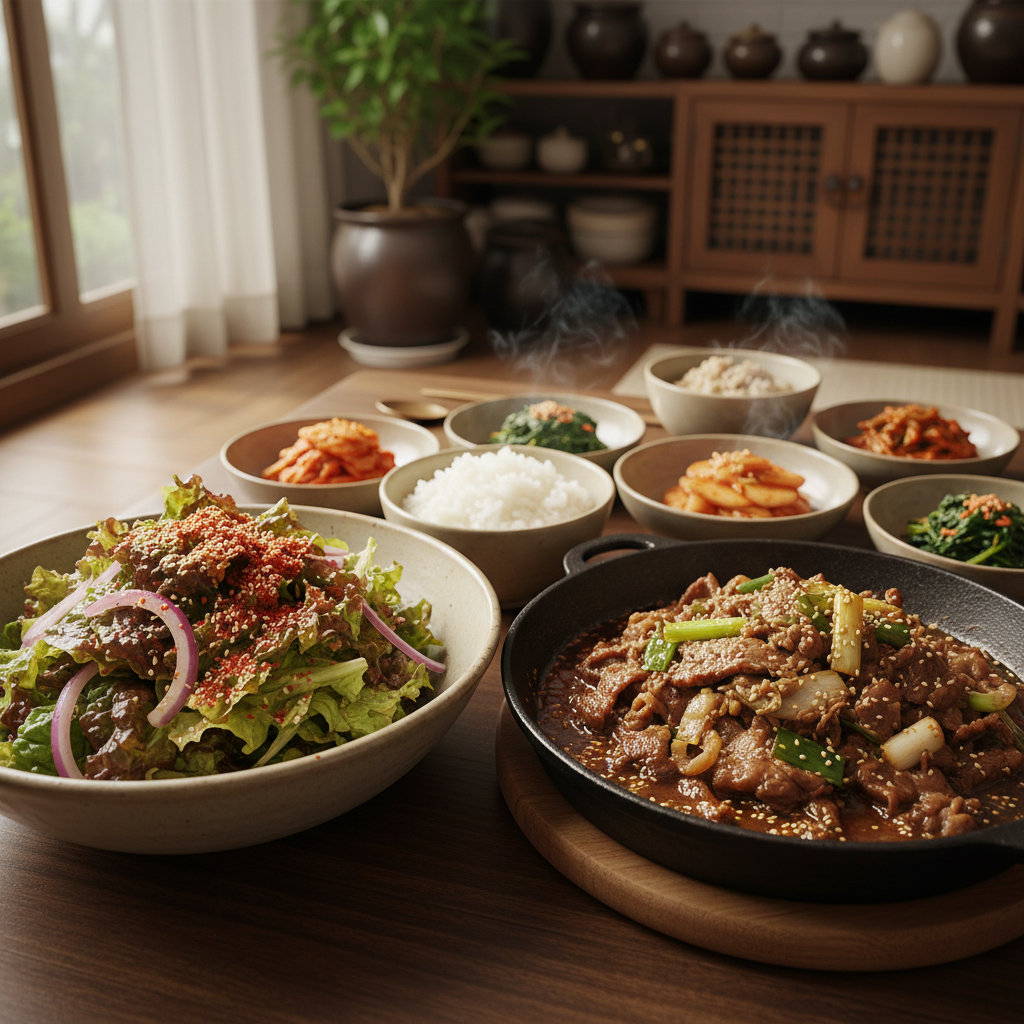 상추겉절이 다음으로 곁들이기 좋은 음식과 함께 놓은 이미지