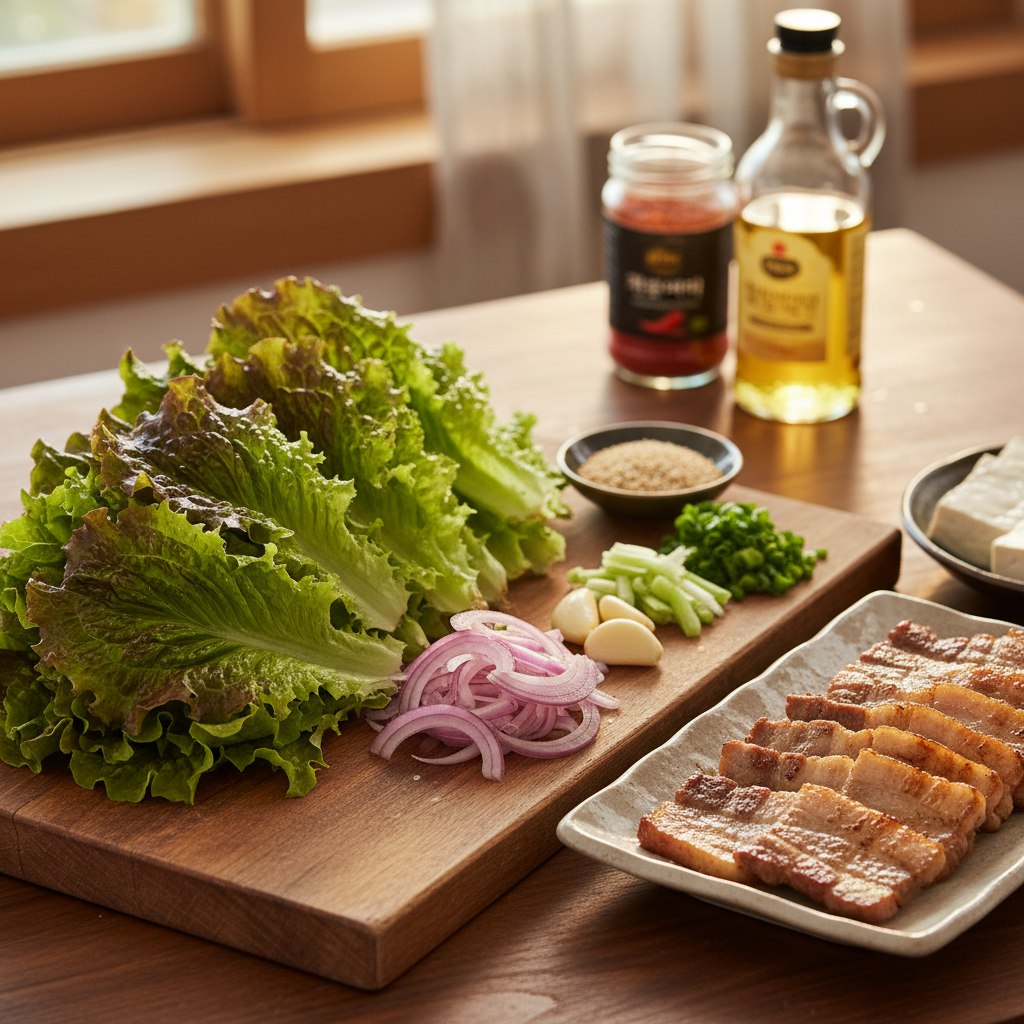 상추겉절이 도마 위에 채소와 부재료를 정리한 이미지