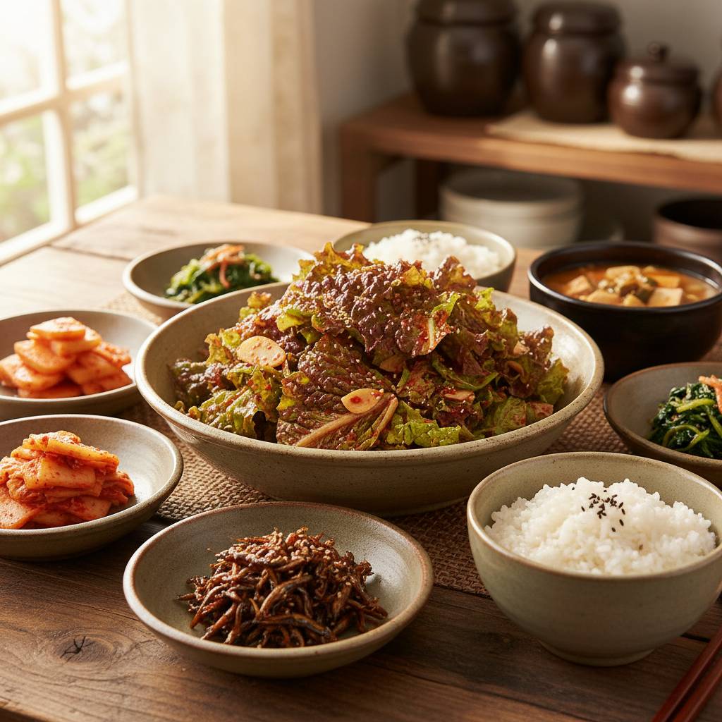 상추겉절이 완성된 음식과 반찬을 함께 차린 이미지