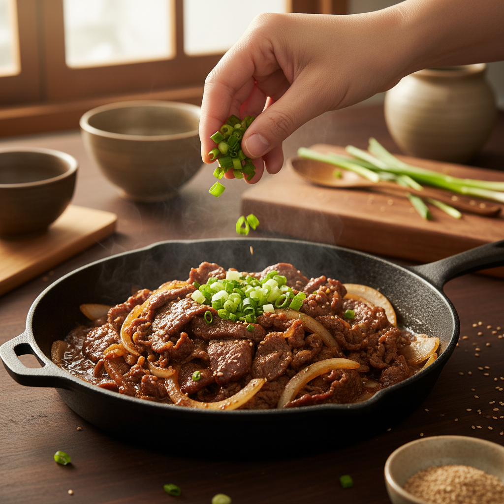 간장불고기 대파나 마지막 재료를 넣는 이미지