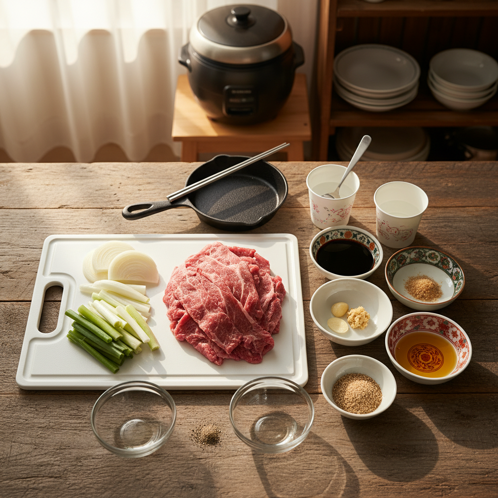 간장불고기 재료를 종이컵과 밥숟가락 기준으로 준비한 이미지