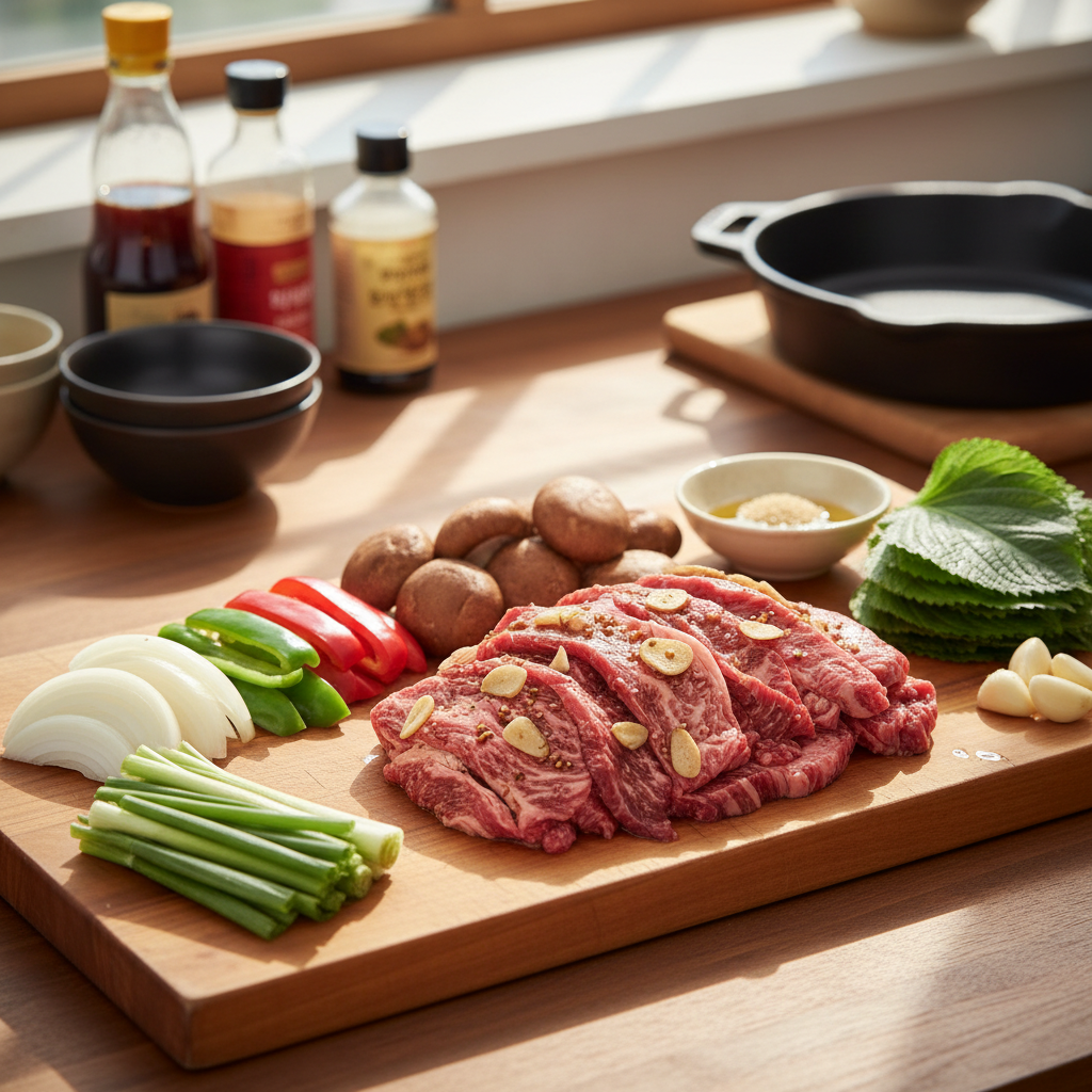 간장불고기 도마 위에 채소와 부재료를 정리한 이미지