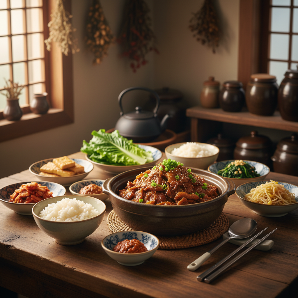 간장불고기 완성된 음식과 반찬을 함께 차린 이미지