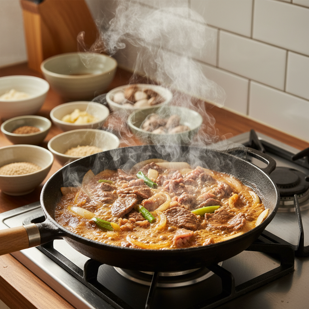 간장불고기 중간 불에서 익어가는 이미지