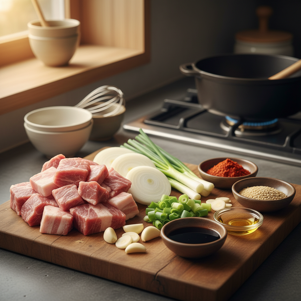 제육볶음 주재료를 손질 크기에 맞춰 정리한 이미지