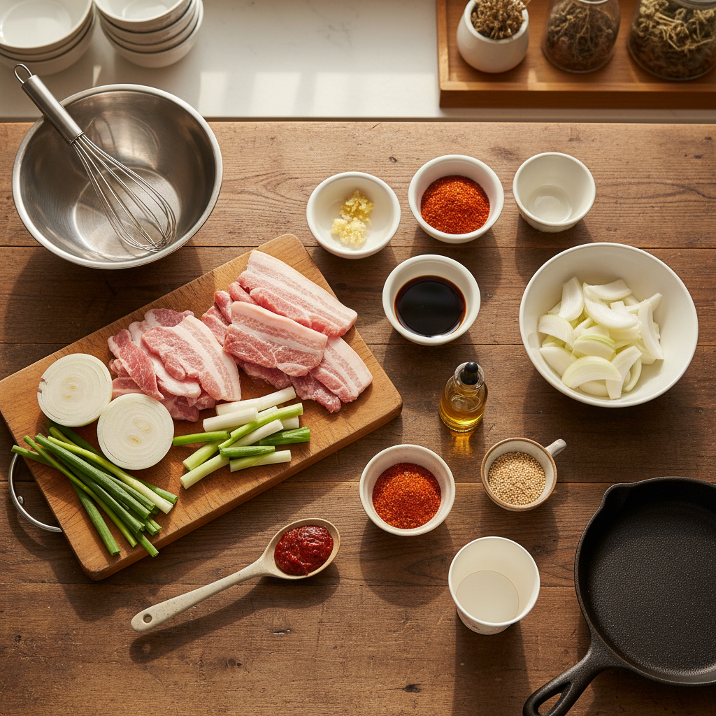 제육볶음 재료를 종이컵과 밥숟가락 기준으로 준비한 이미지