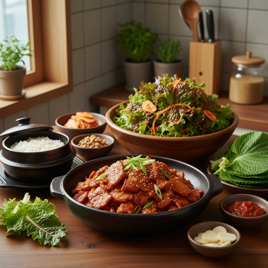 제육볶음 다음으로 곁들이기 좋은 음식과 함께 놓은 이미지