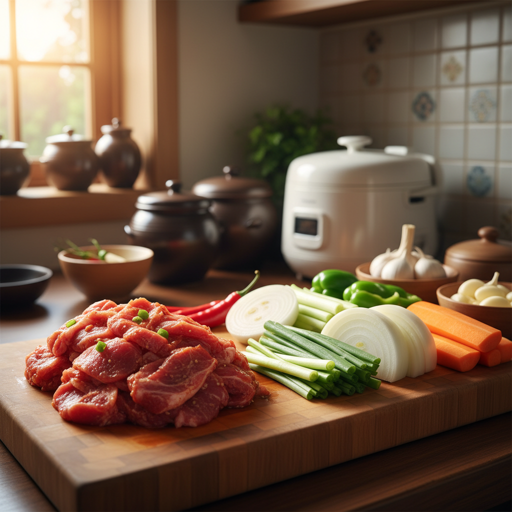 제육볶음 도마 위에 채소와 부재료를 정리한 이미지