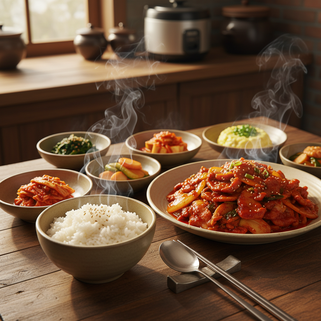 제육볶음 완성된 음식과 반찬을 함께 차린 이미지