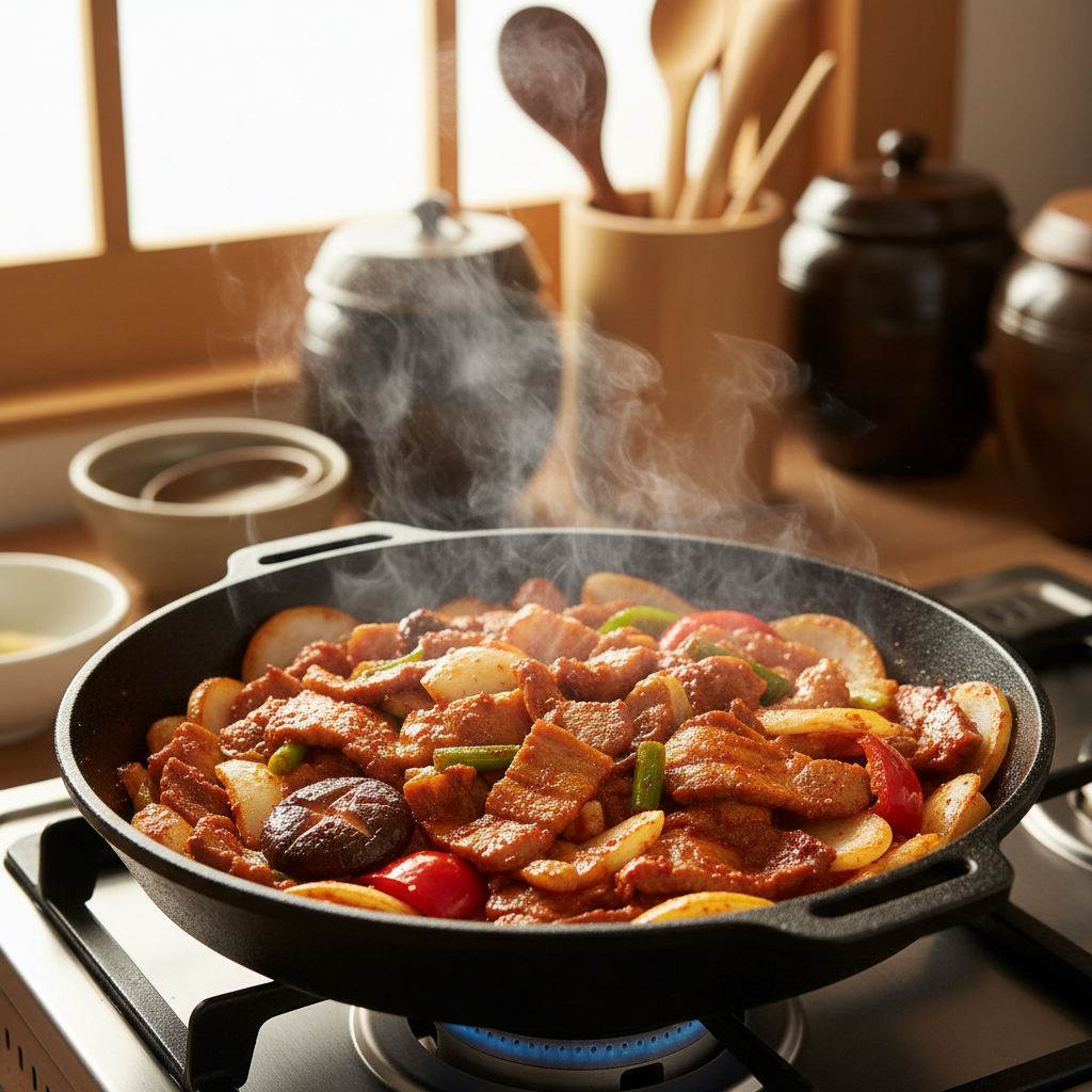 제육볶음 중간 불에서 익어가는 이미지