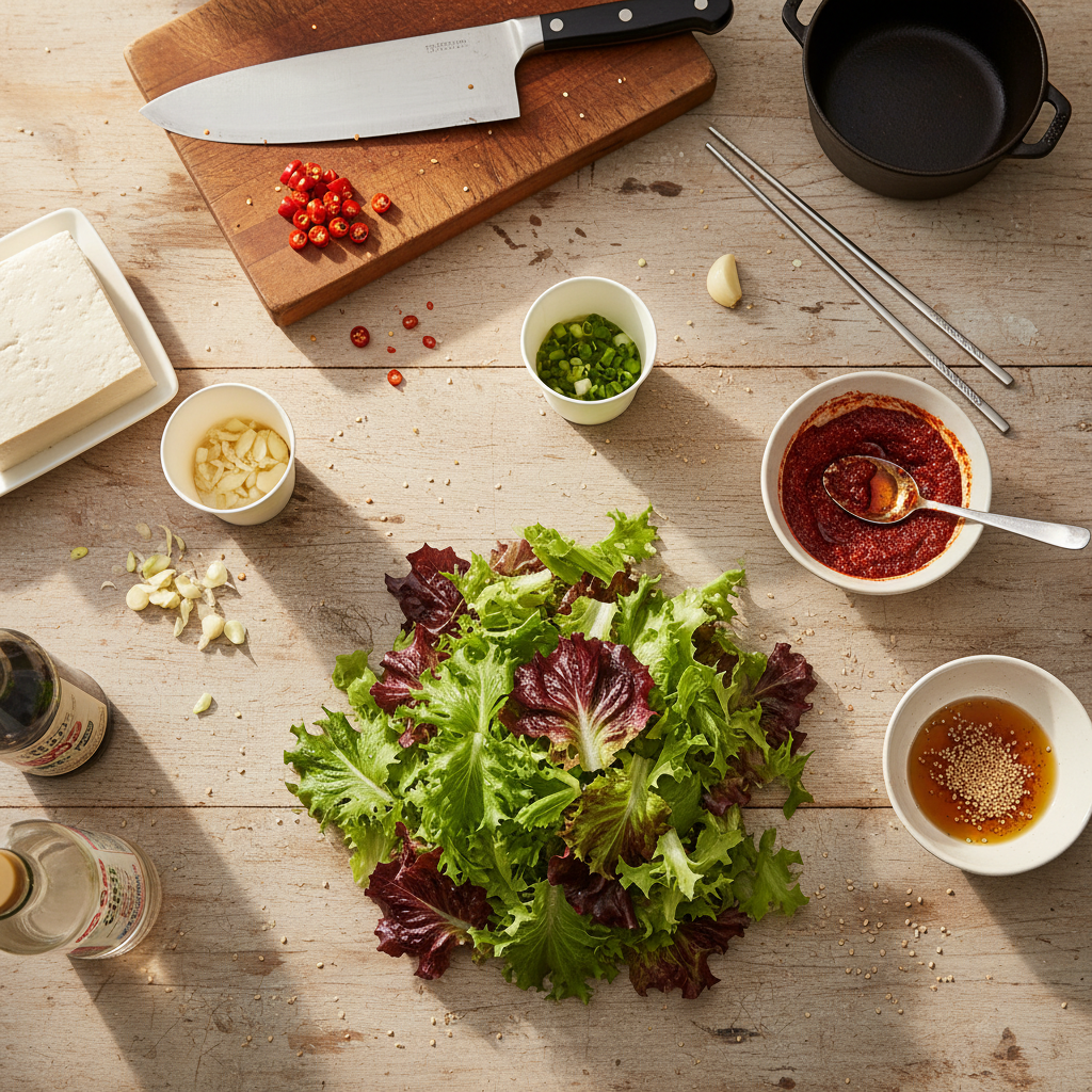 상추겉절이 재료를 종이컵과 밥숟가락 기준으로 준비한 이미지