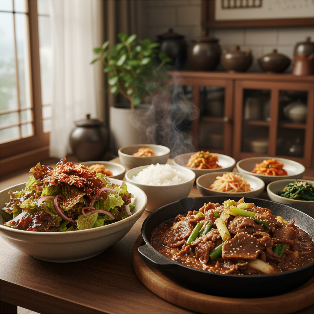 상추겉절이 다음으로 곁들이기 좋은 음식과 함께 놓은 이미지