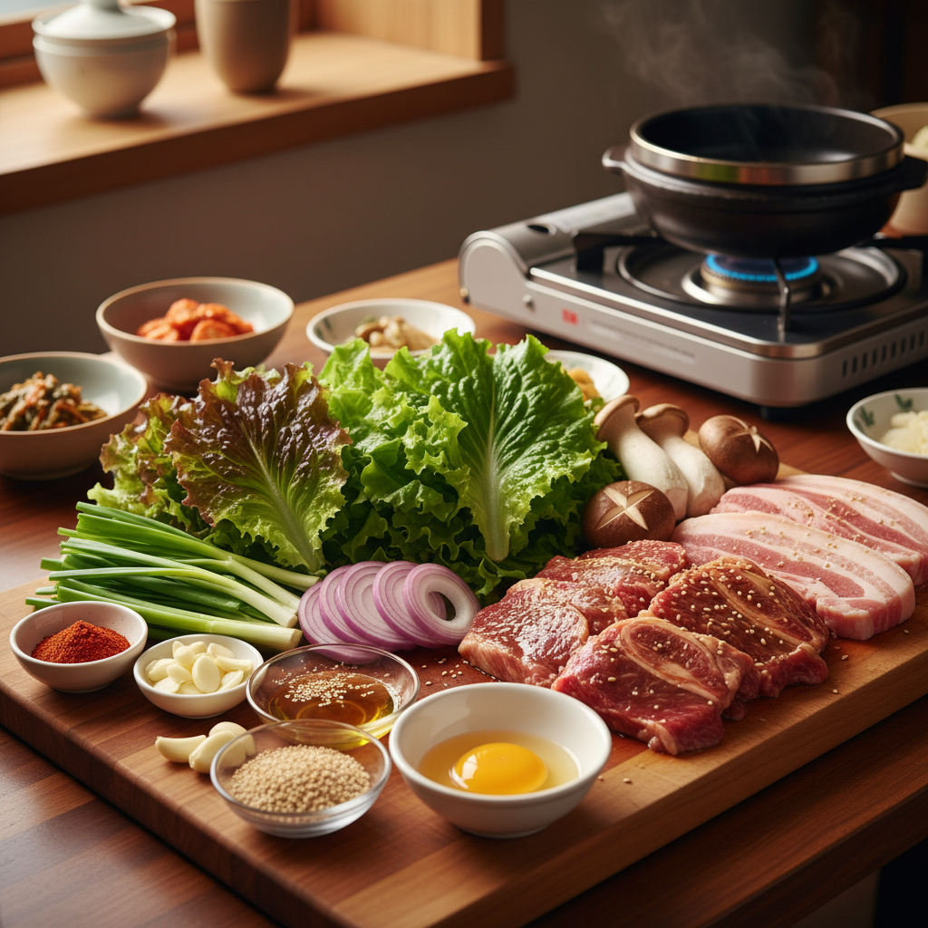 상추겉절이 도마 위에 채소와 부재료를 정리한 이미지