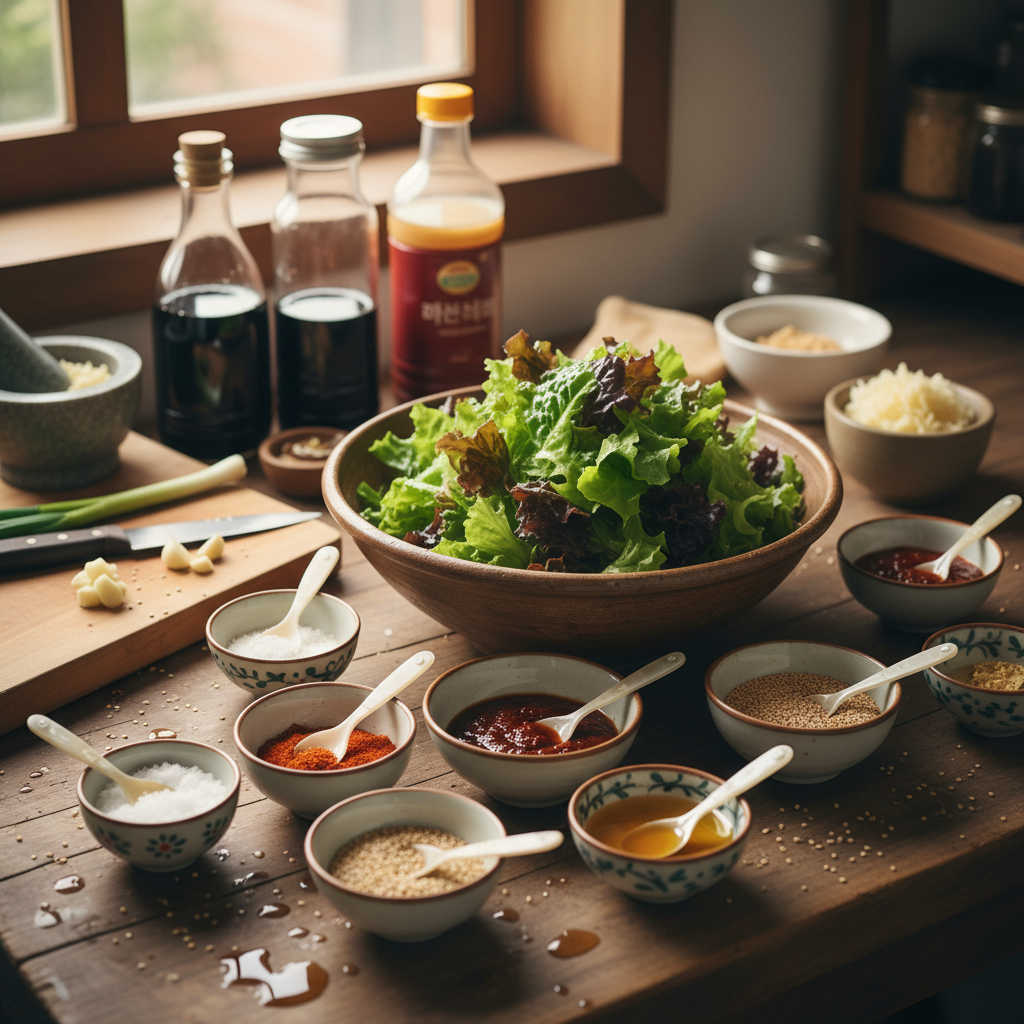 상추겉절이 밥숟가락 기준 양념을 소분한 이미지