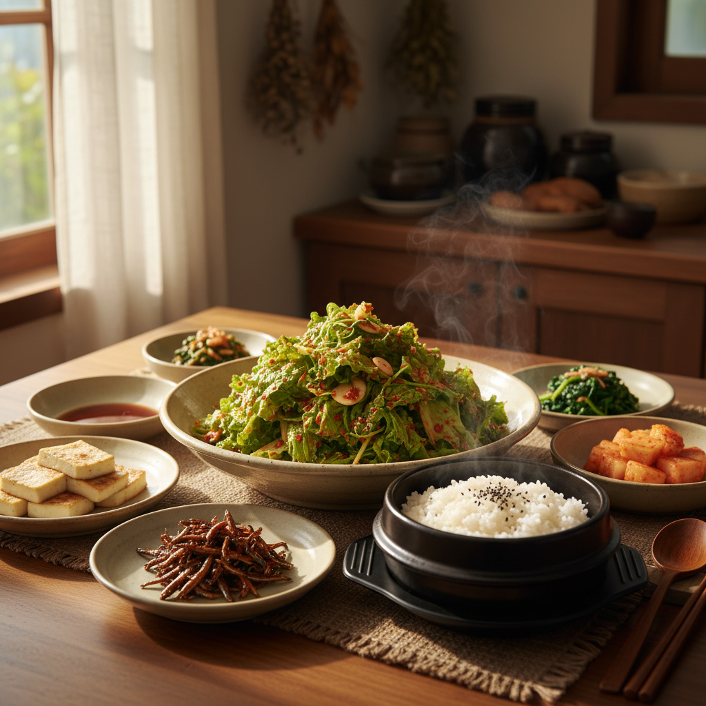 상추겉절이 완성된 음식과 반찬을 함께 차린 이미지