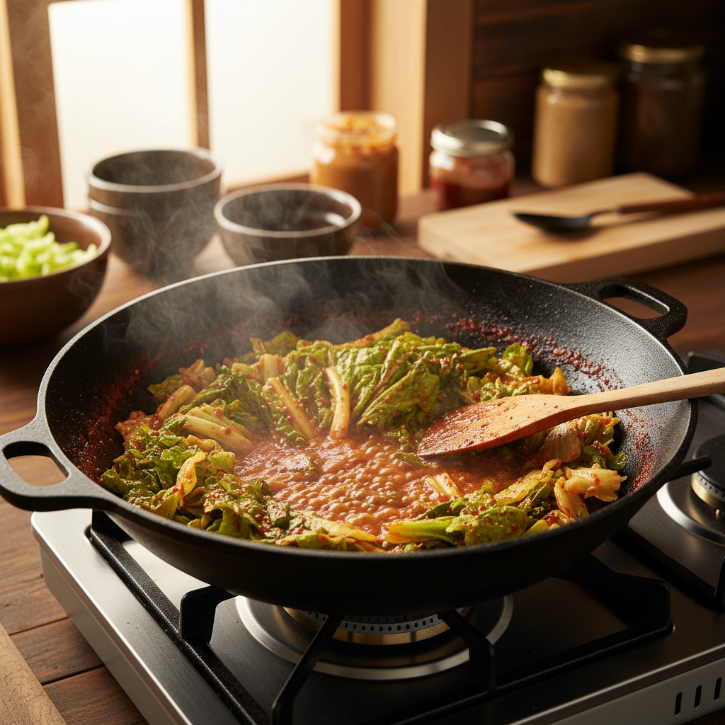 상추겉절이 중간 불에서 익어가는 이미지