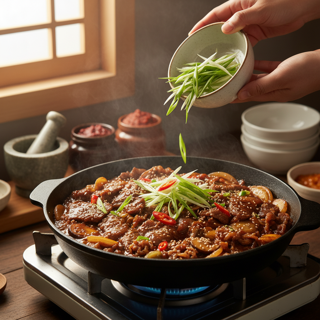 간장불고기 대파나 마지막 재료를 넣는 이미지