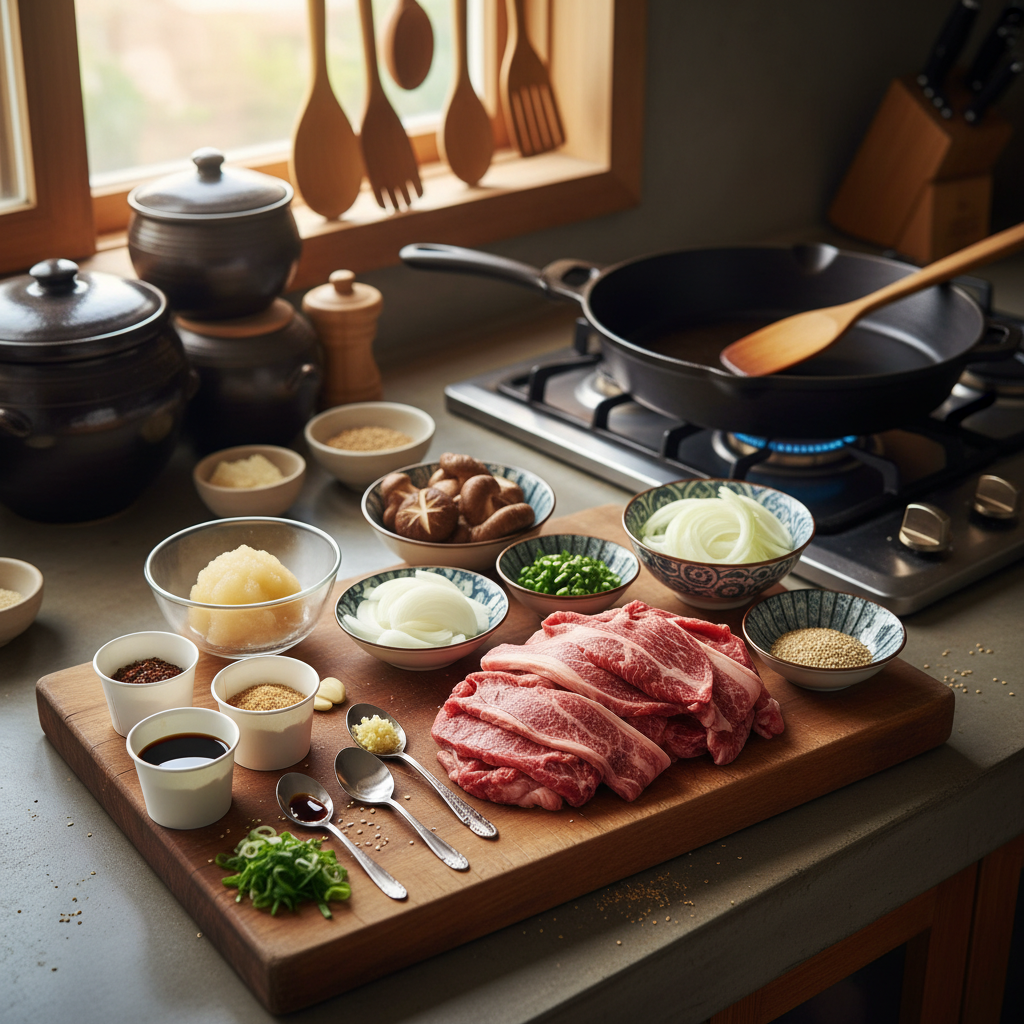 간장불고기 재료를 종이컵과 밥숟가락 기준으로 준비한 이미지