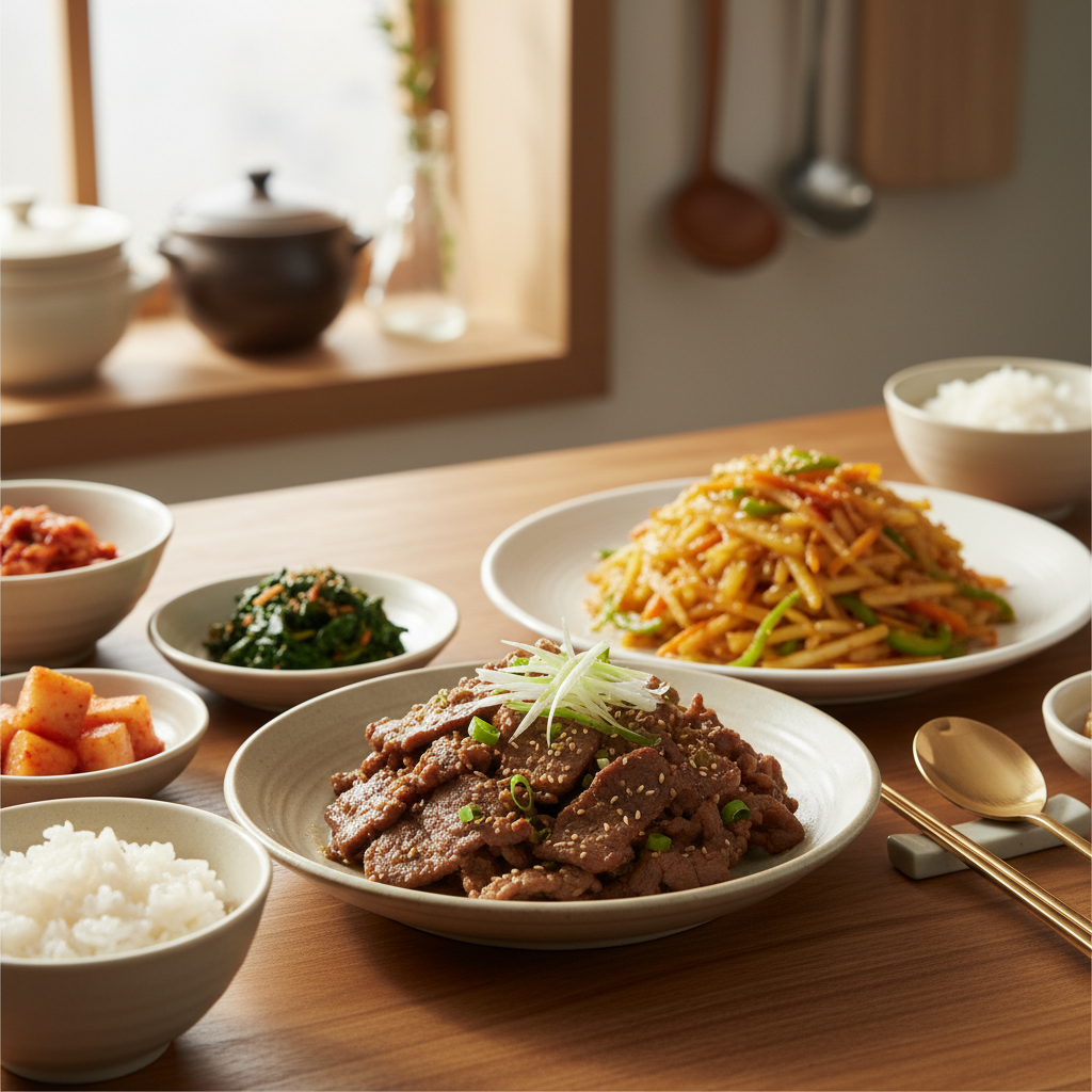 간장불고기 다음으로 곁들이기 좋은 음식과 함께 놓은 이미지