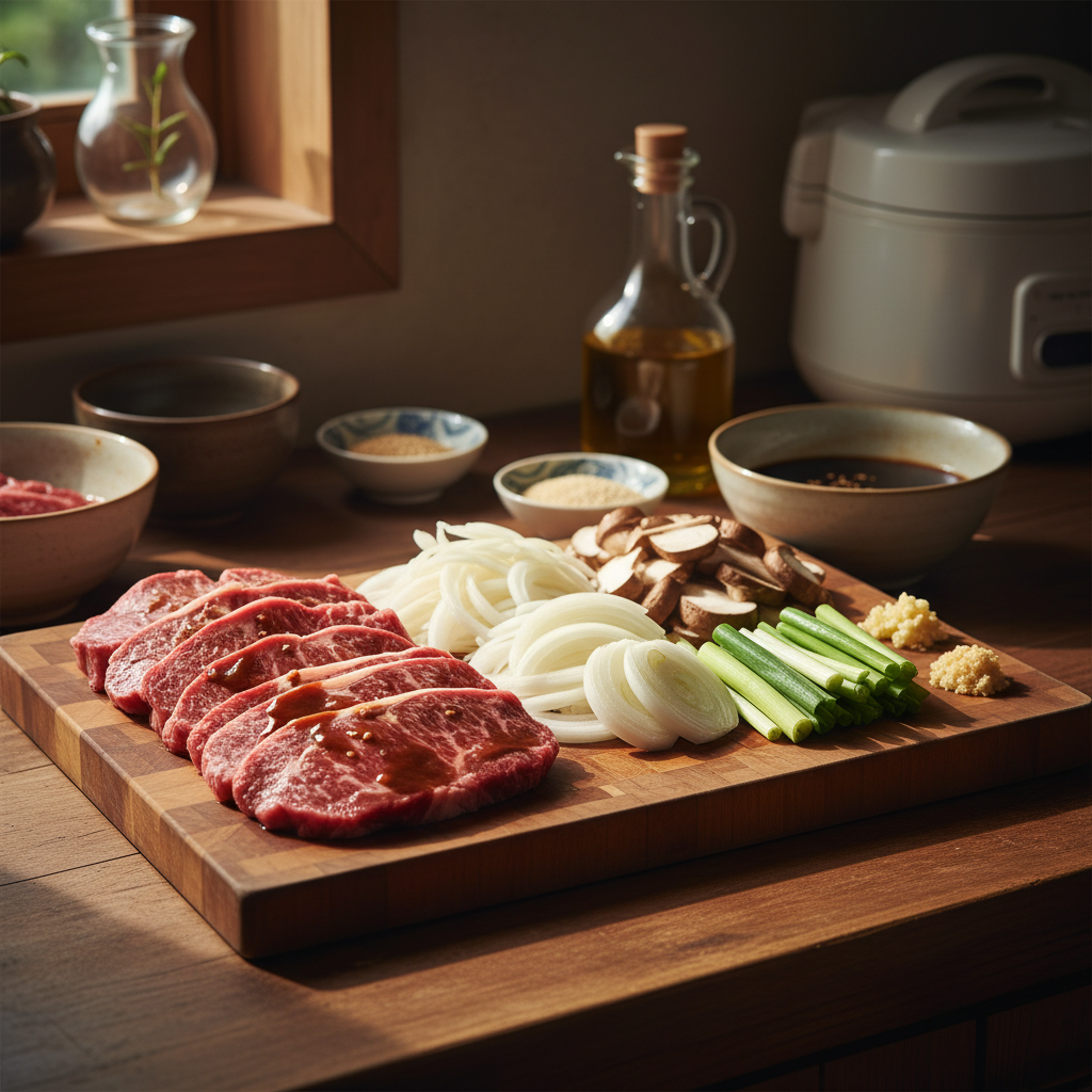 간장불고기 도마 위에 채소와 부재료를 정리한 이미지