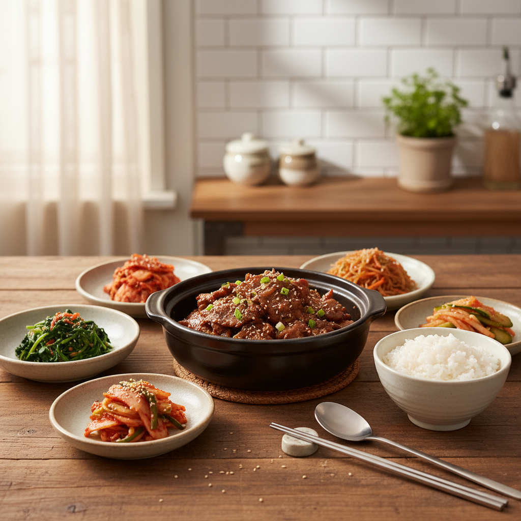 간장불고기 완성된 음식과 반찬을 함께 차린 이미지