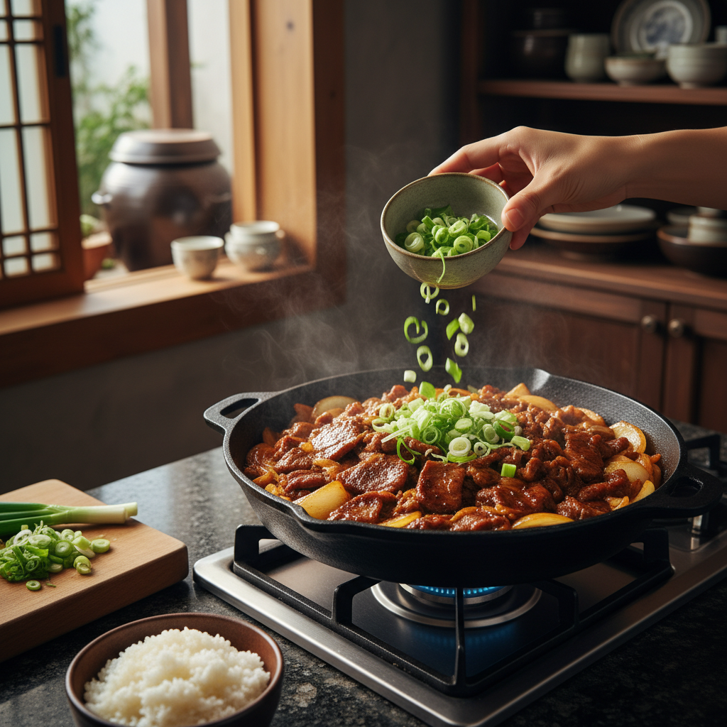 간장불고기 대파나 마지막 재료를 넣는 이미지