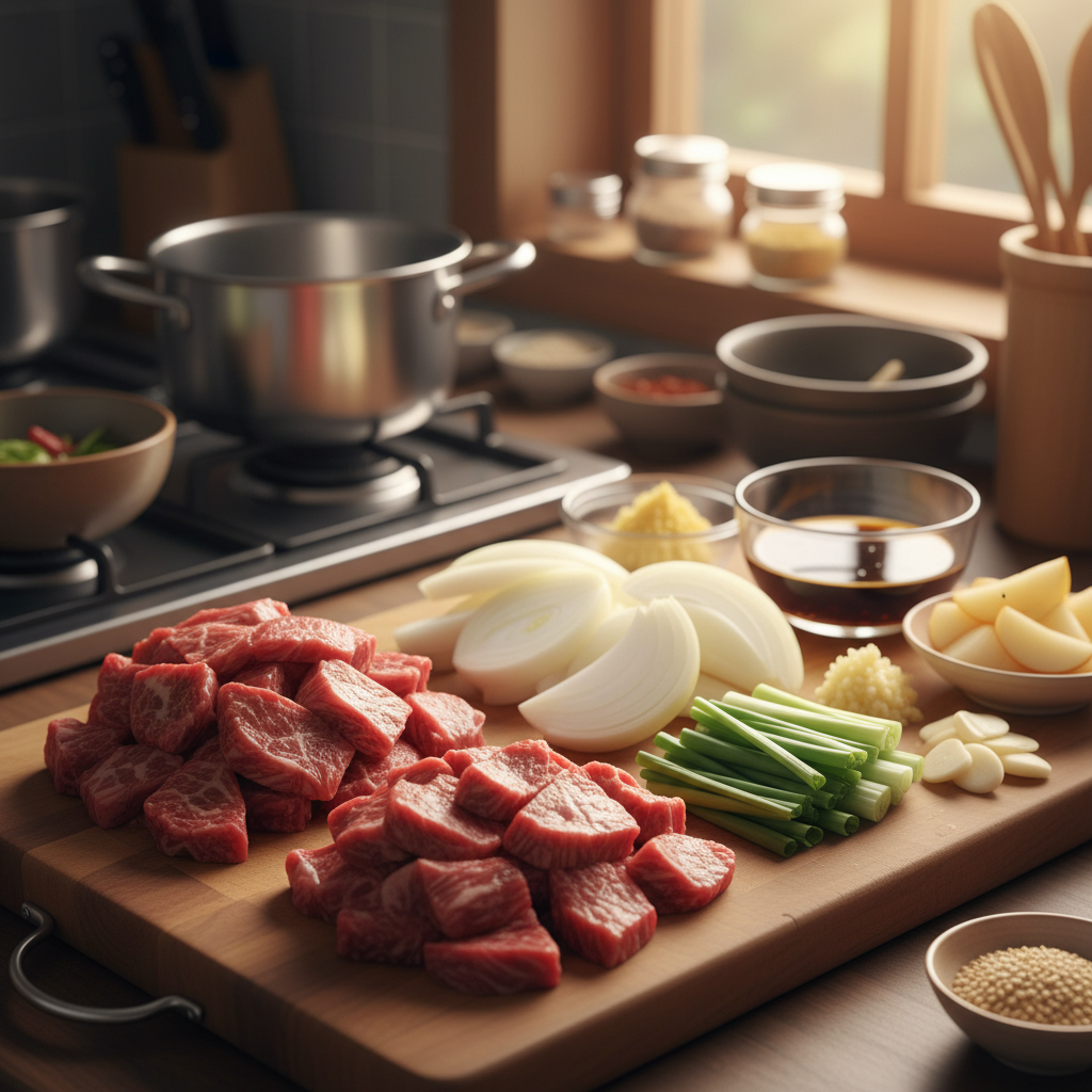 간장불고기 주재료를 손질 크기에 맞춰 정리한 이미지