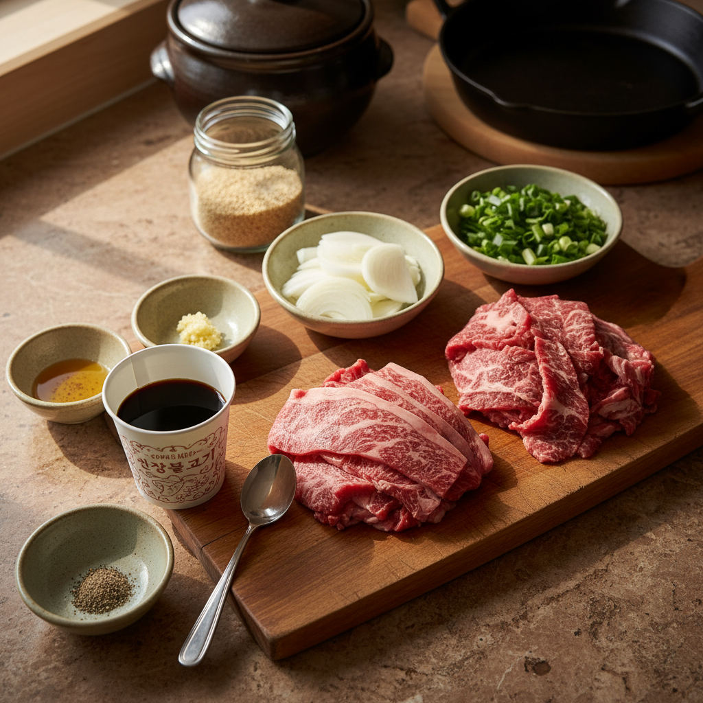 간장불고기 재료를 종이컵과 밥숟가락 기준으로 준비한 이미지