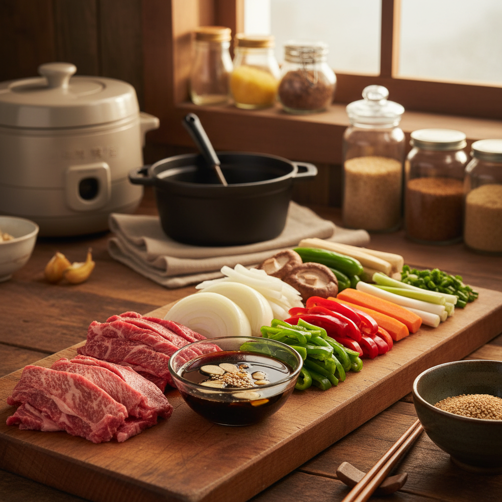 간장불고기 도마 위에 채소와 부재료를 정리한 이미지