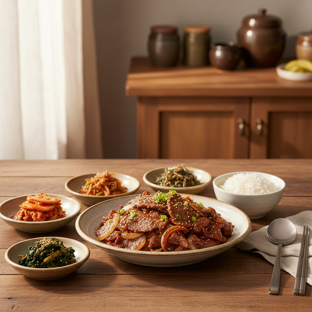 간장불고기 완성된 음식과 반찬을 함께 차린 이미지