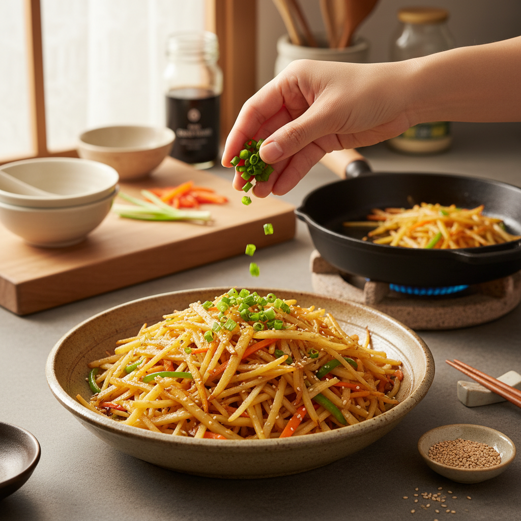 감자채볶음 대파나 마지막 재료를 넣는 이미지