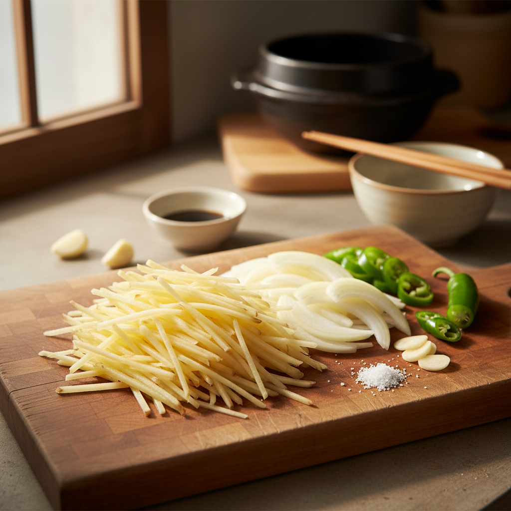 감자채볶음 주재료를 손질 크기에 맞춰 정리한 이미지