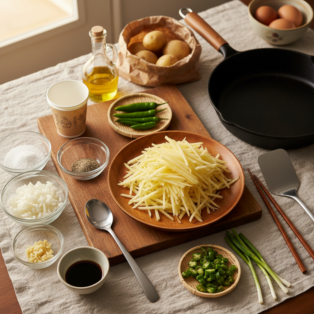 감자채볶음 재료를 종이컵과 밥숟가락 기준으로 준비한 이미지
