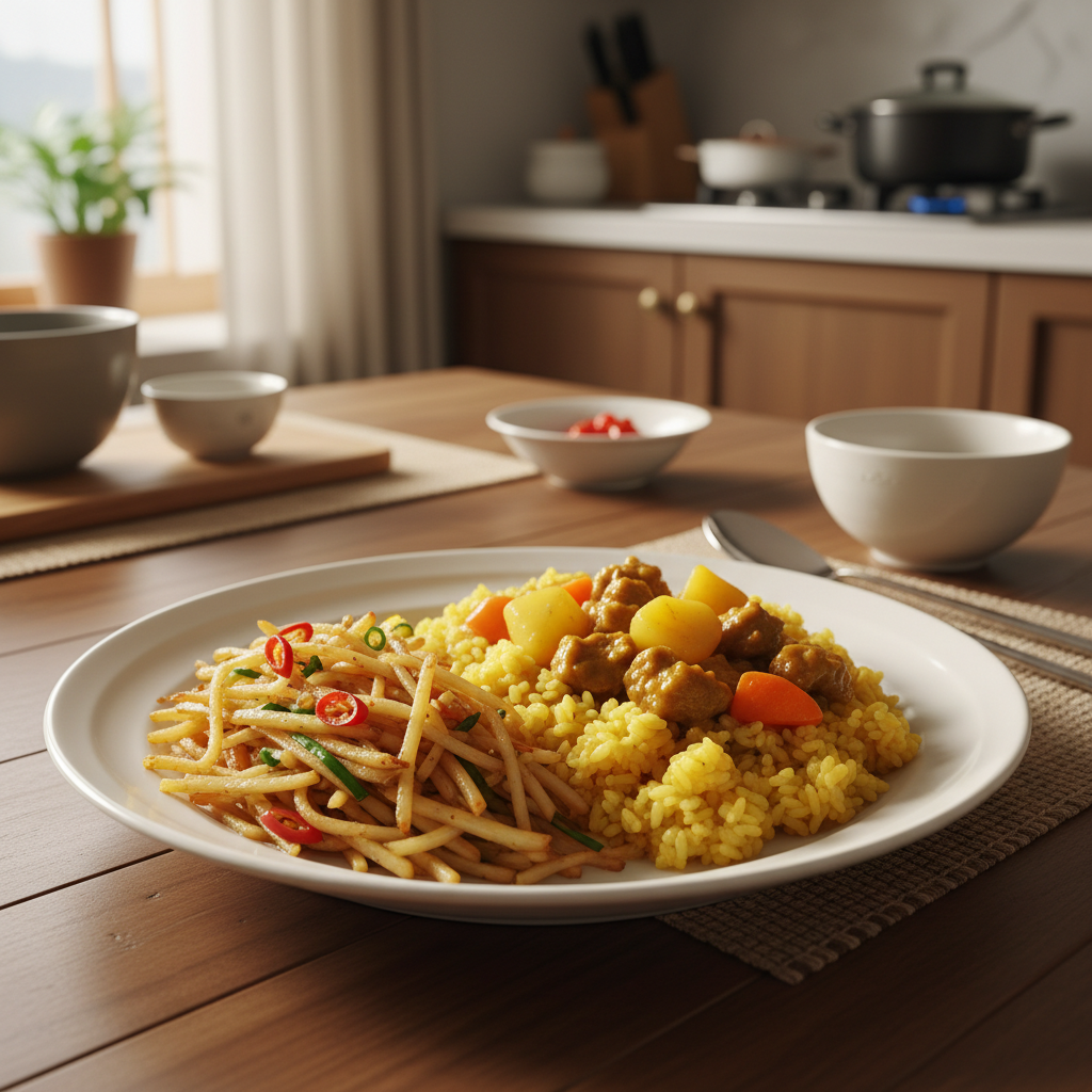 감자채볶음 다음으로 곁들이기 좋은 음식과 함께 놓은 이미지