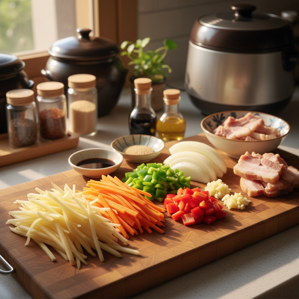 감자채볶음 도마 위에 채소와 부재료를 정리한 이미지