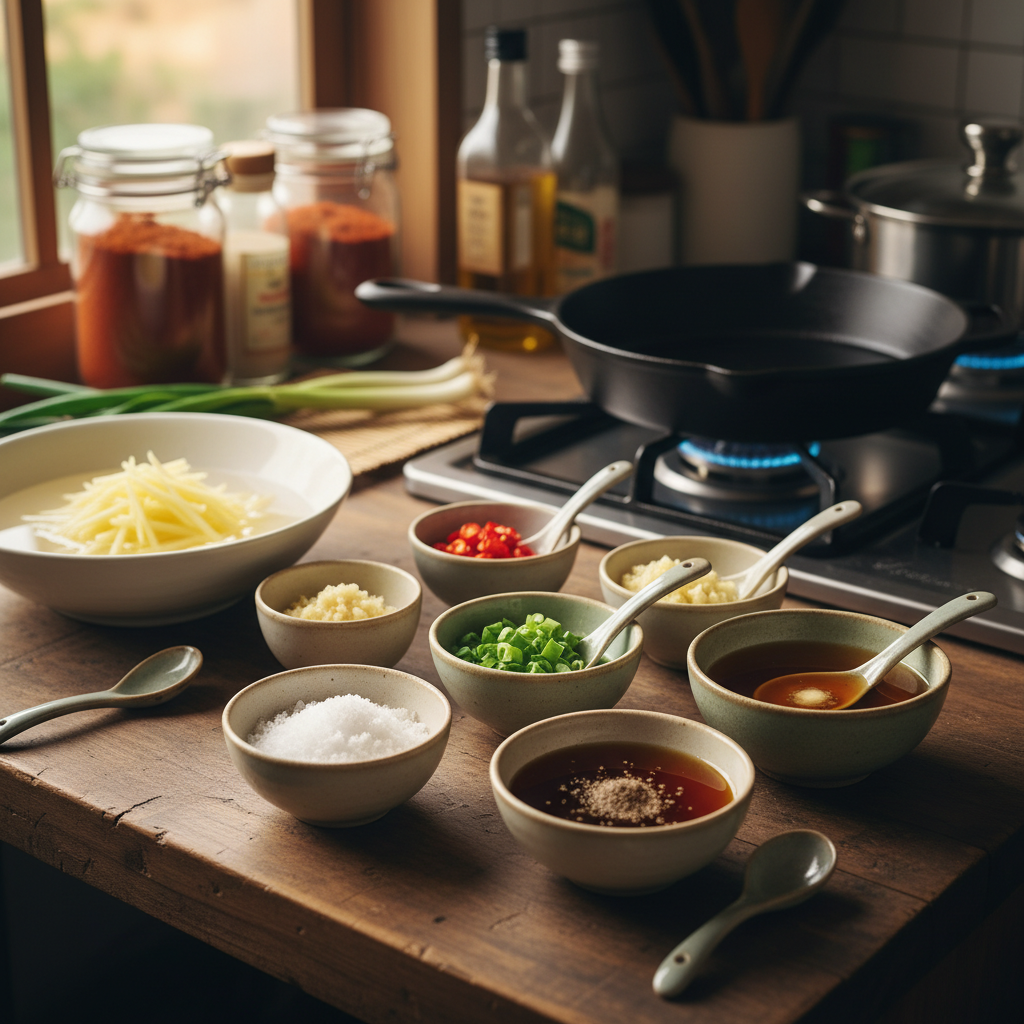 감자채볶음 밥숟가락 기준 양념을 소분한 이미지