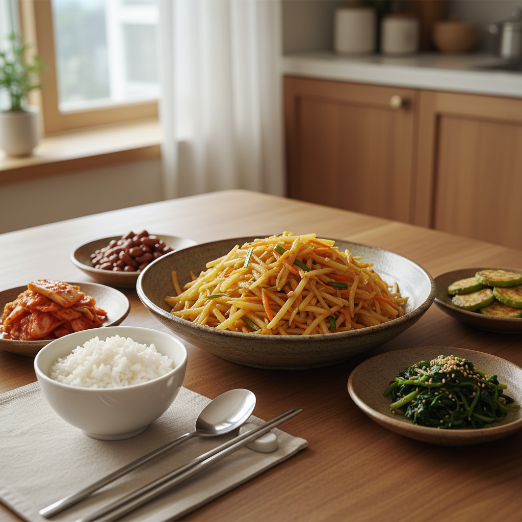 감자채볶음 완성된 음식과 반찬을 함께 차린 이미지