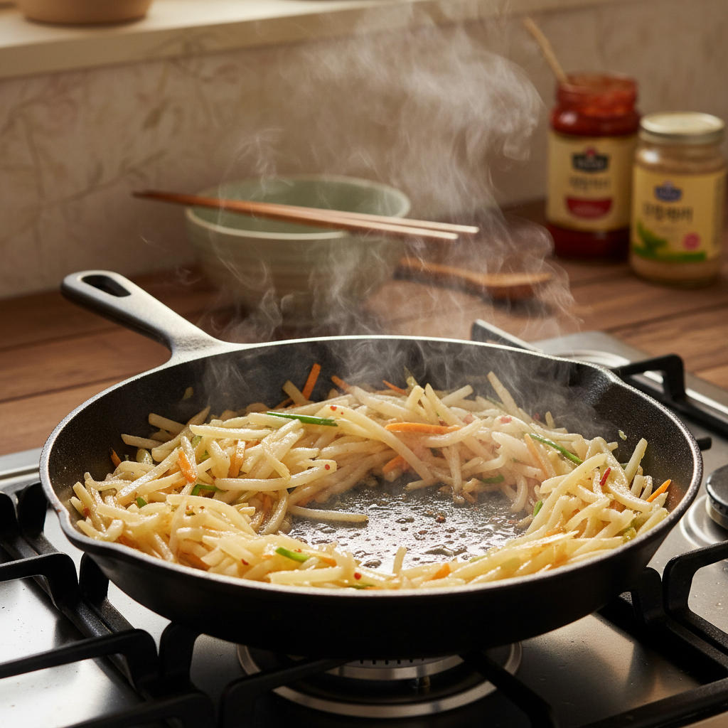 감자채볶음 중간 불에서 익어가는 이미지