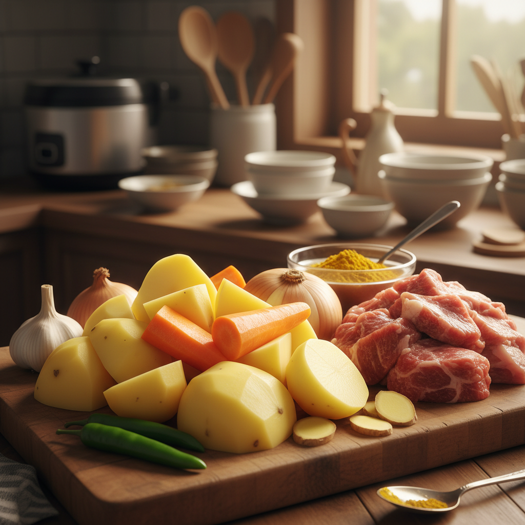 카레라이스 주재료를 손질 크기에 맞춰 정리한 이미지