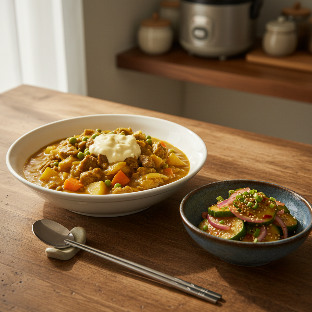 카레라이스 다음으로 곁들이기 좋은 음식과 함께 놓은 이미지