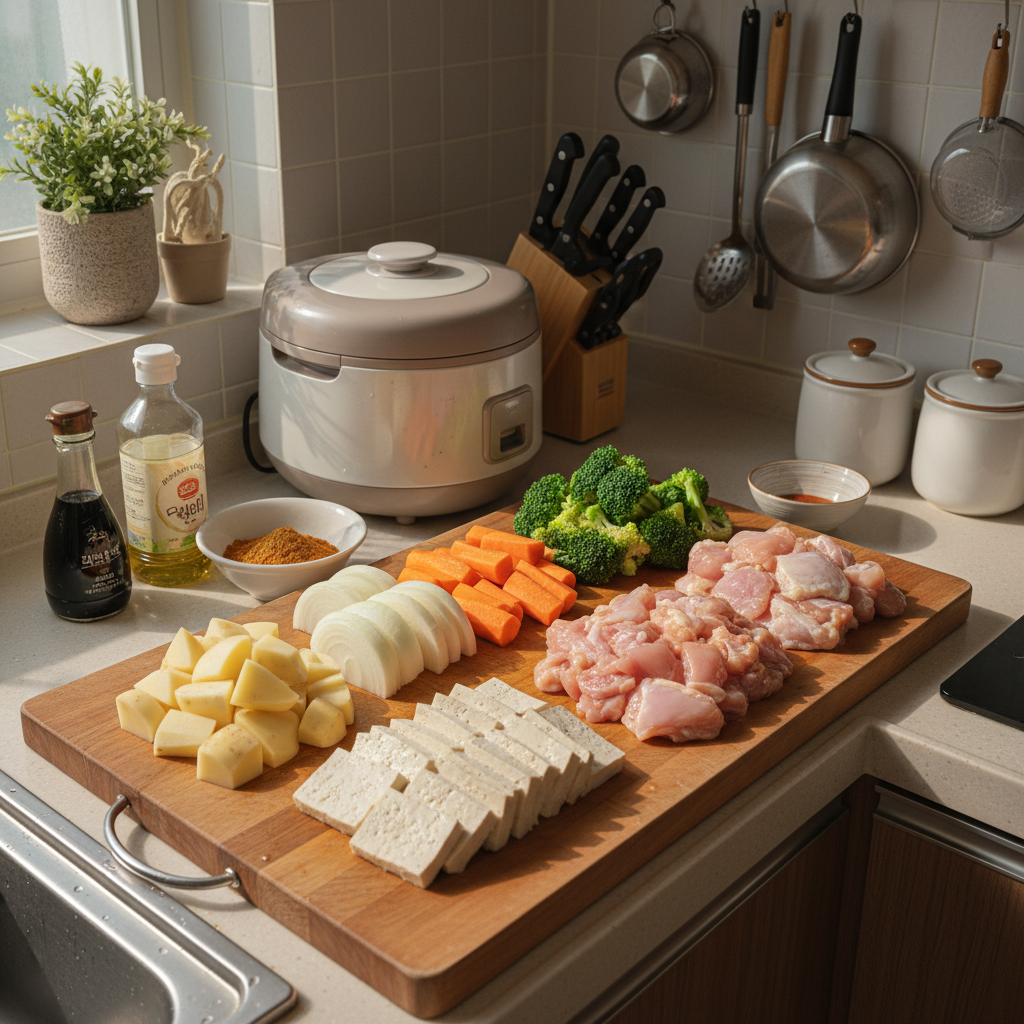 카레라이스 도마 위에 채소와 부재료를 정리한 이미지