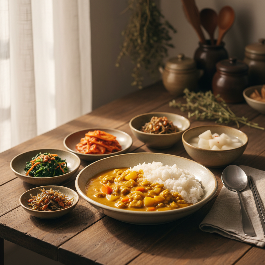 카레라이스 완성된 음식과 반찬을 함께 차린 이미지