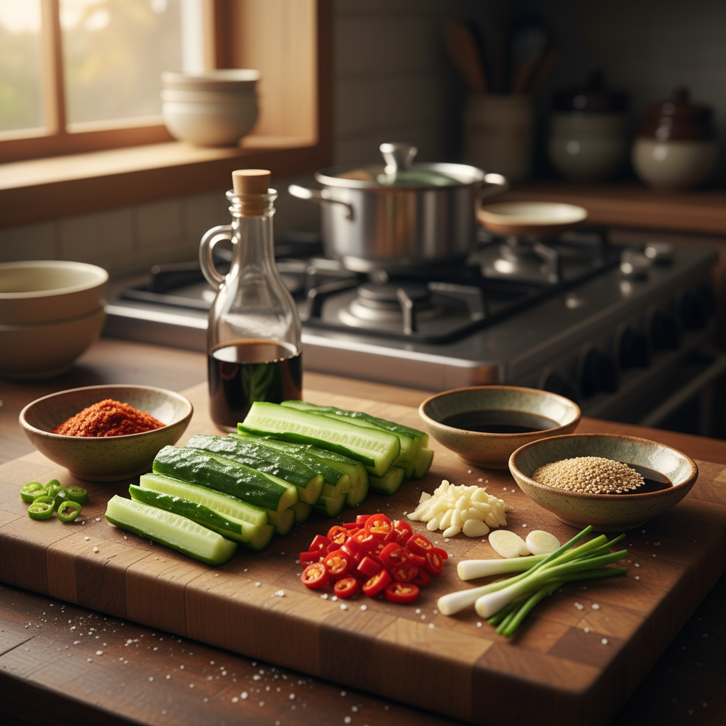 오이무침 주재료를 손질 크기에 맞춰 정리한 이미지