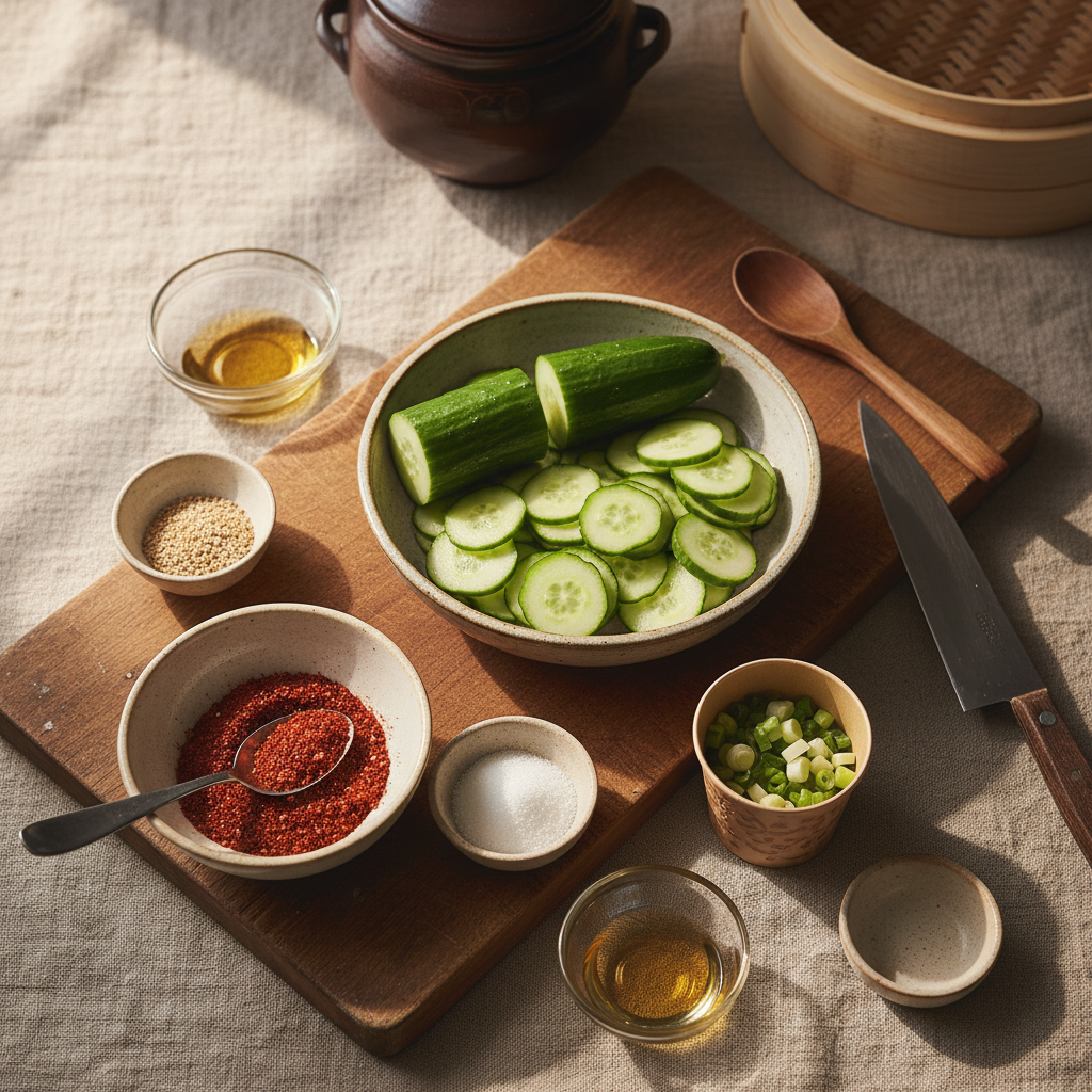 오이무침 재료를 종이컵과 밥숟가락 기준으로 준비한 이미지