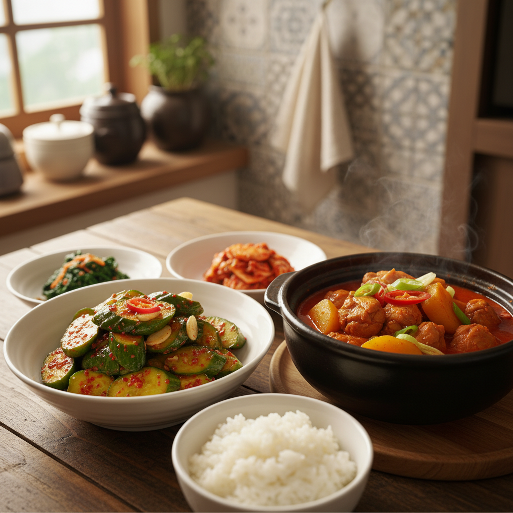 오이무침 다음으로 곁들이기 좋은 음식과 함께 놓은 이미지