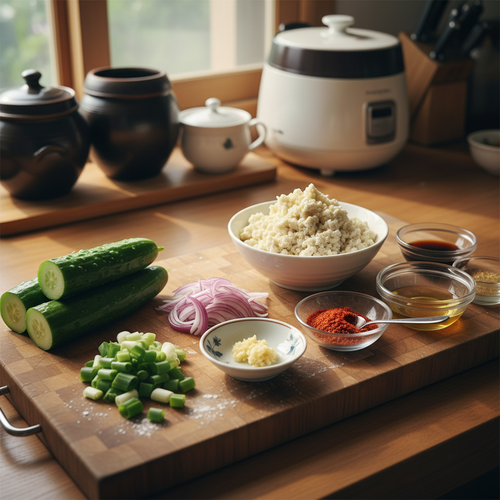 오이무침 도마 위에 채소와 부재료를 정리한 이미지