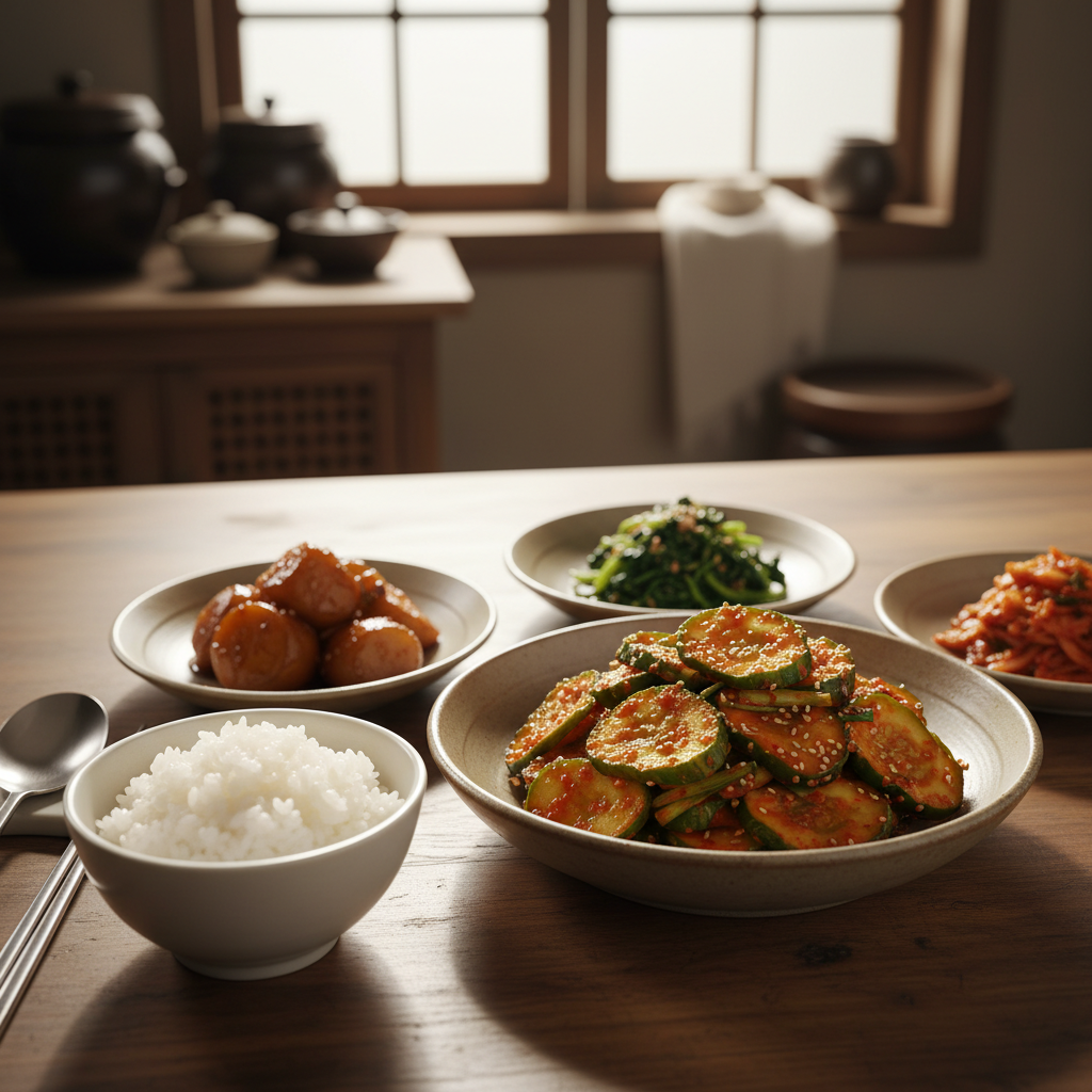 오이무침 완성된 음식과 반찬을 함께 차린 이미지