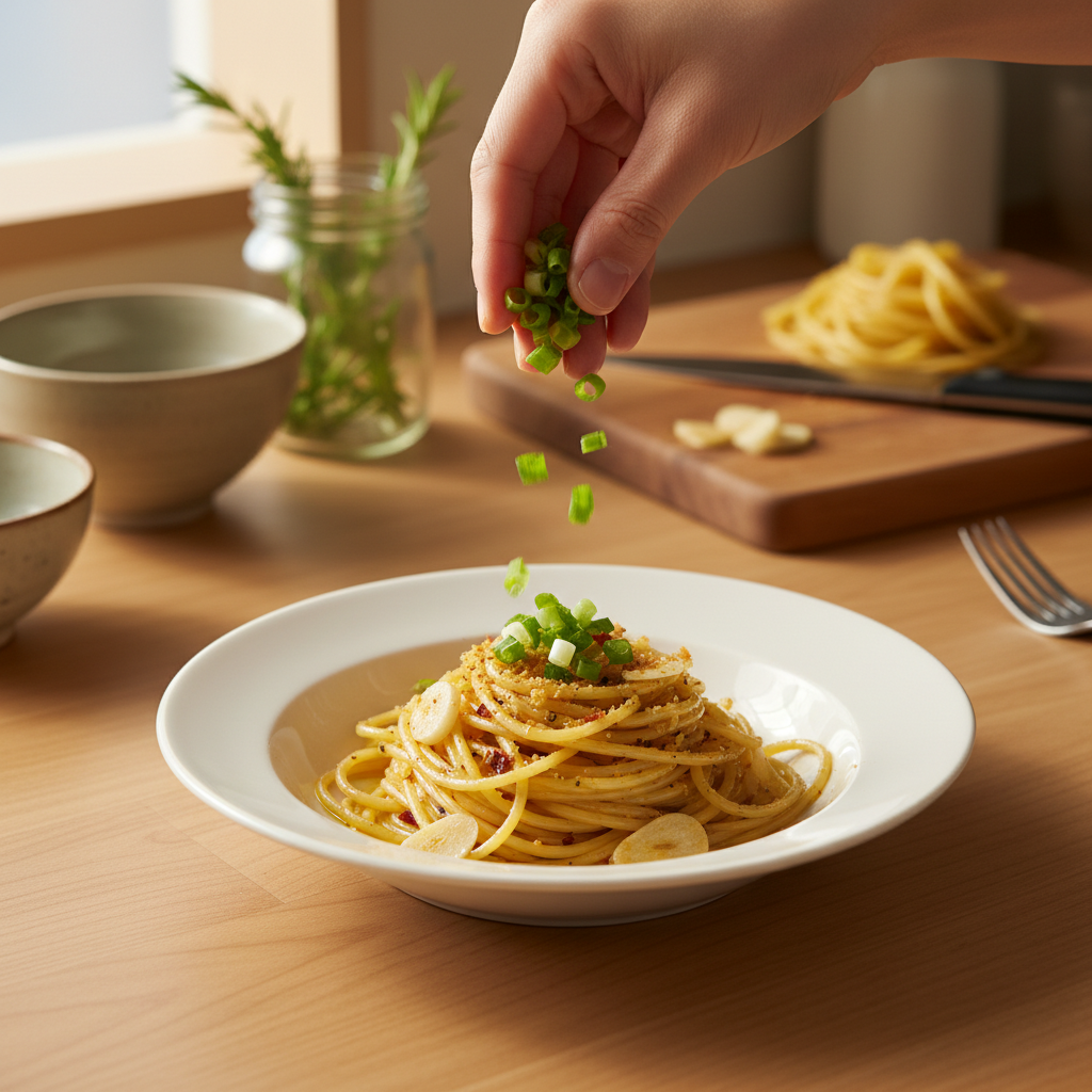 알리오 올리오 대파나 마지막 재료를 넣는 이미지