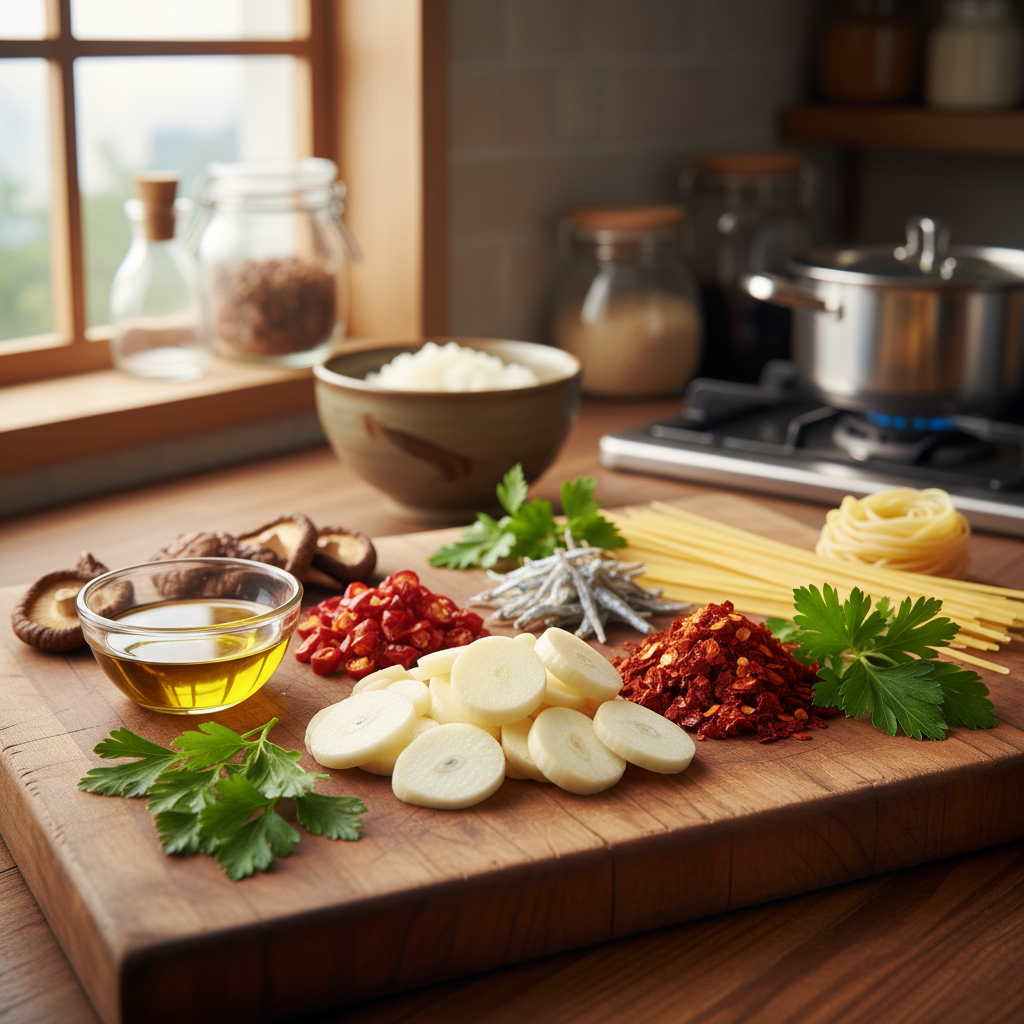 알리오 올리오 주재료를 손질 크기에 맞춰 정리한 이미지