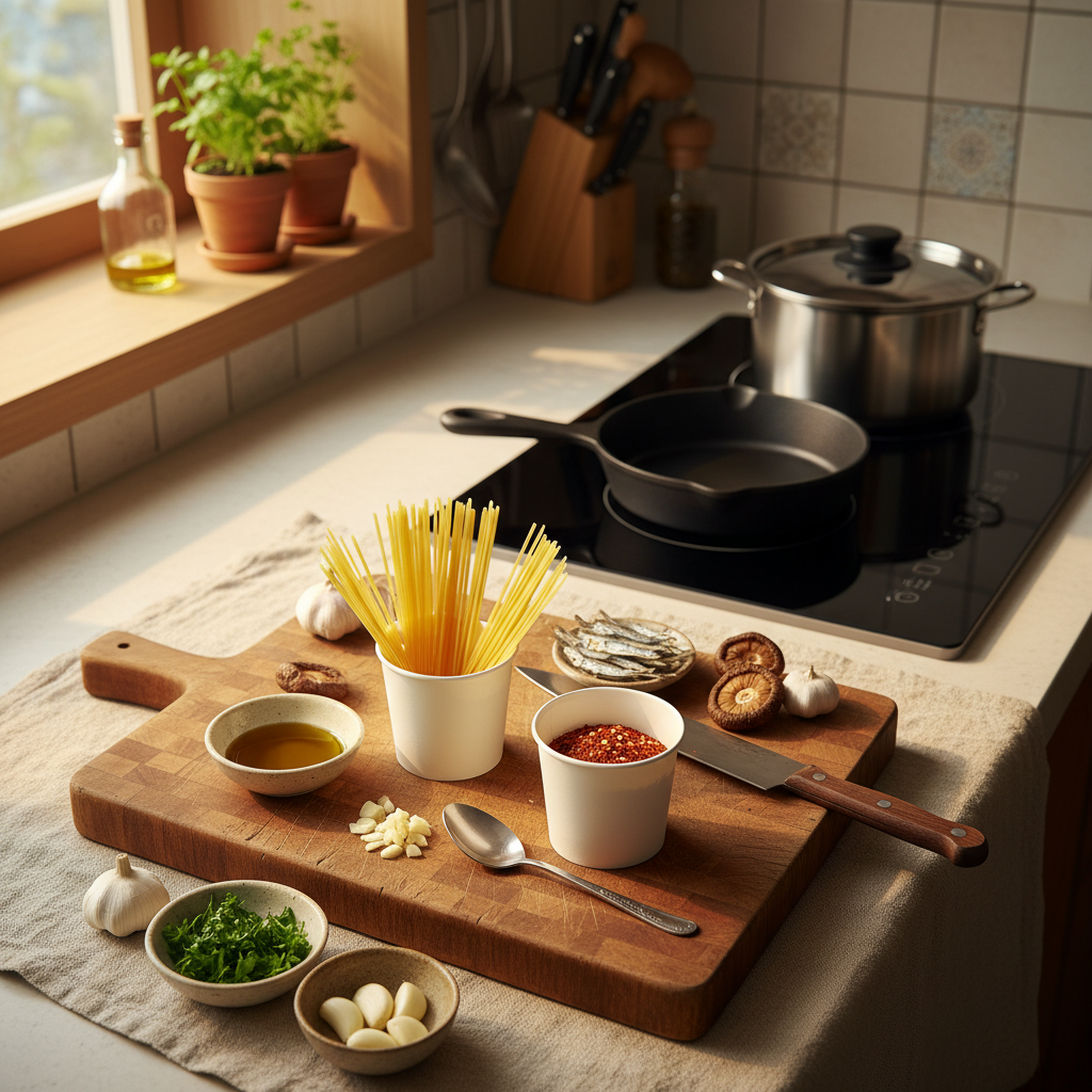 알리오 올리오 재료를 종이컵과 밥숟가락 기준으로 준비한 이미지